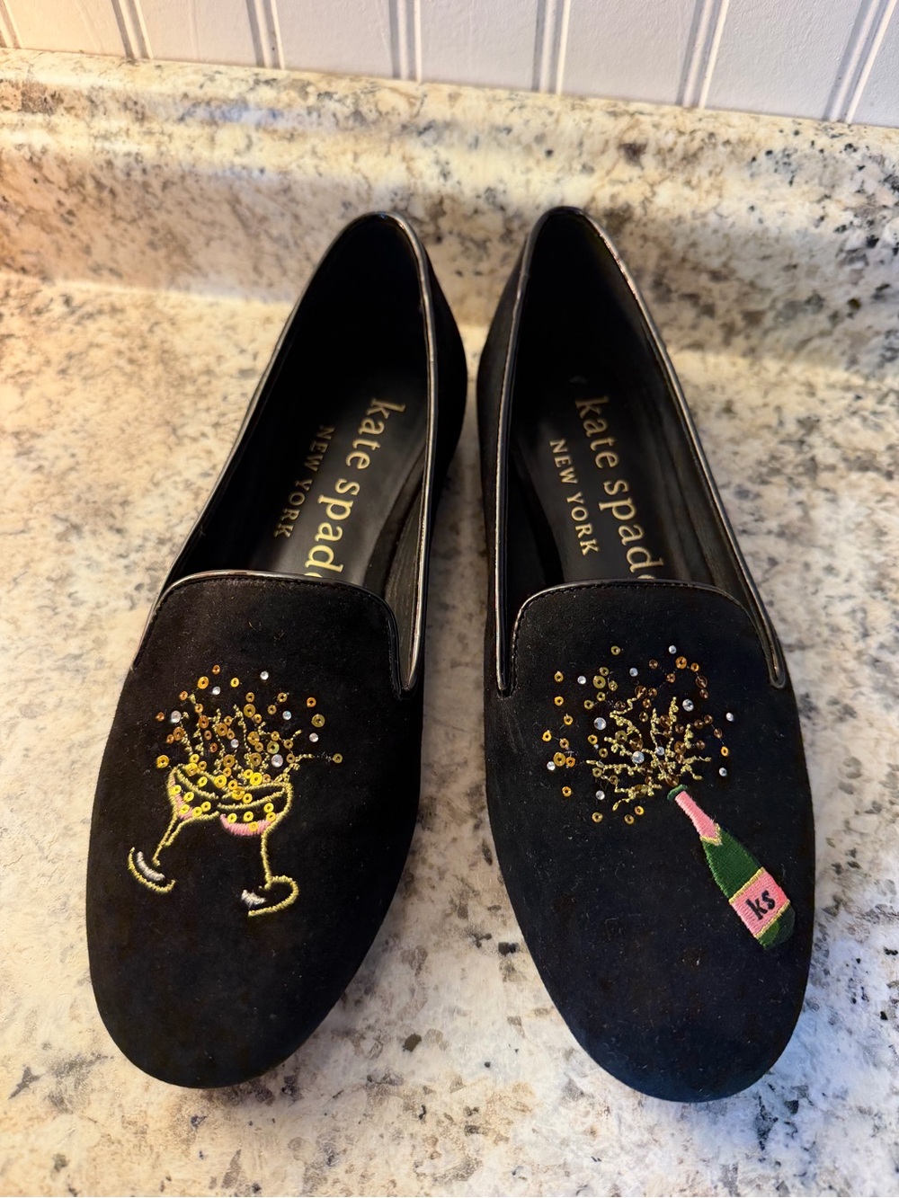 kate spade Black Suede Embroidered Champagne & Bottle Loafers NYE Holiday 🥂